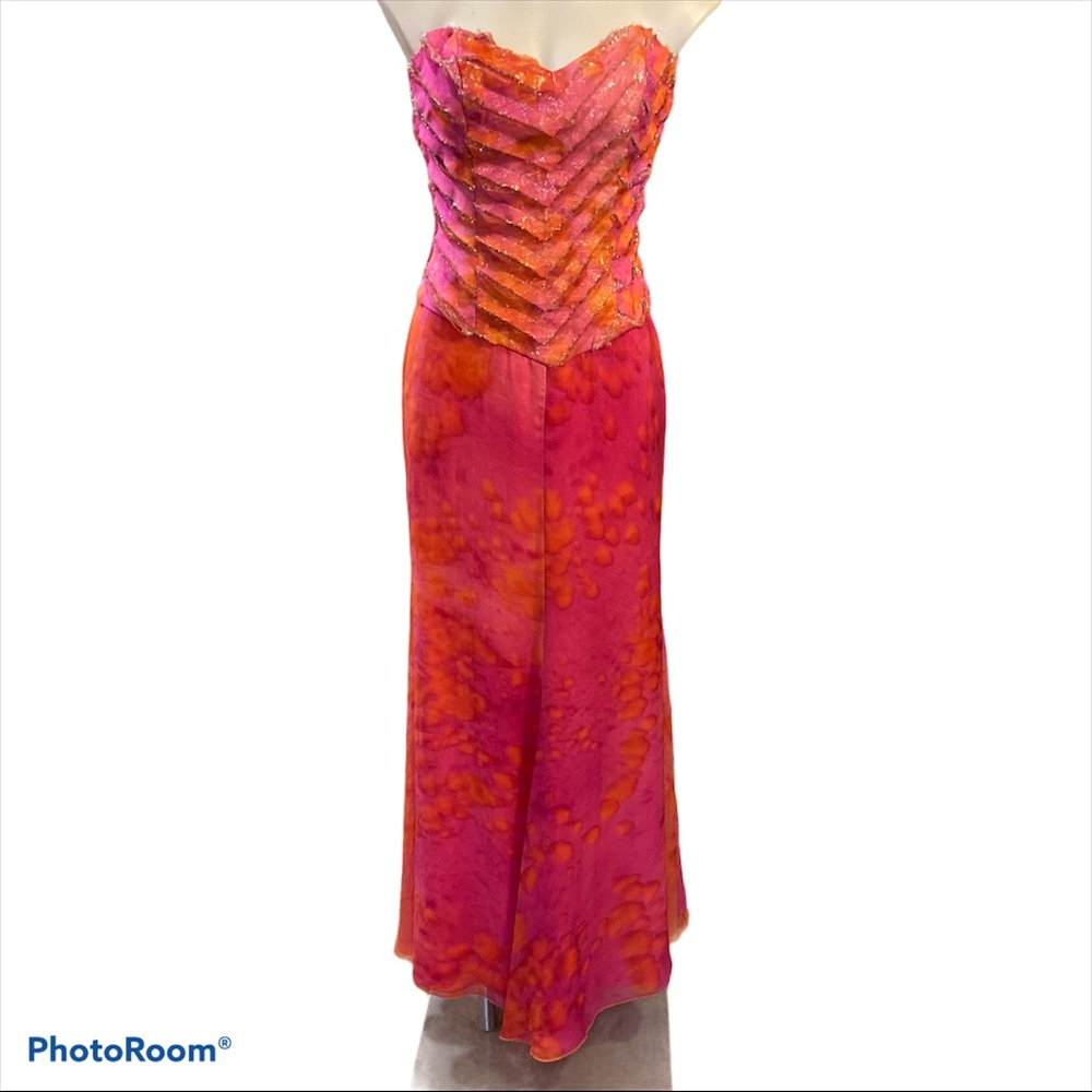 - Lucy De Castenou Beverly Hills watercolor shimmery pink and orange maxi gown